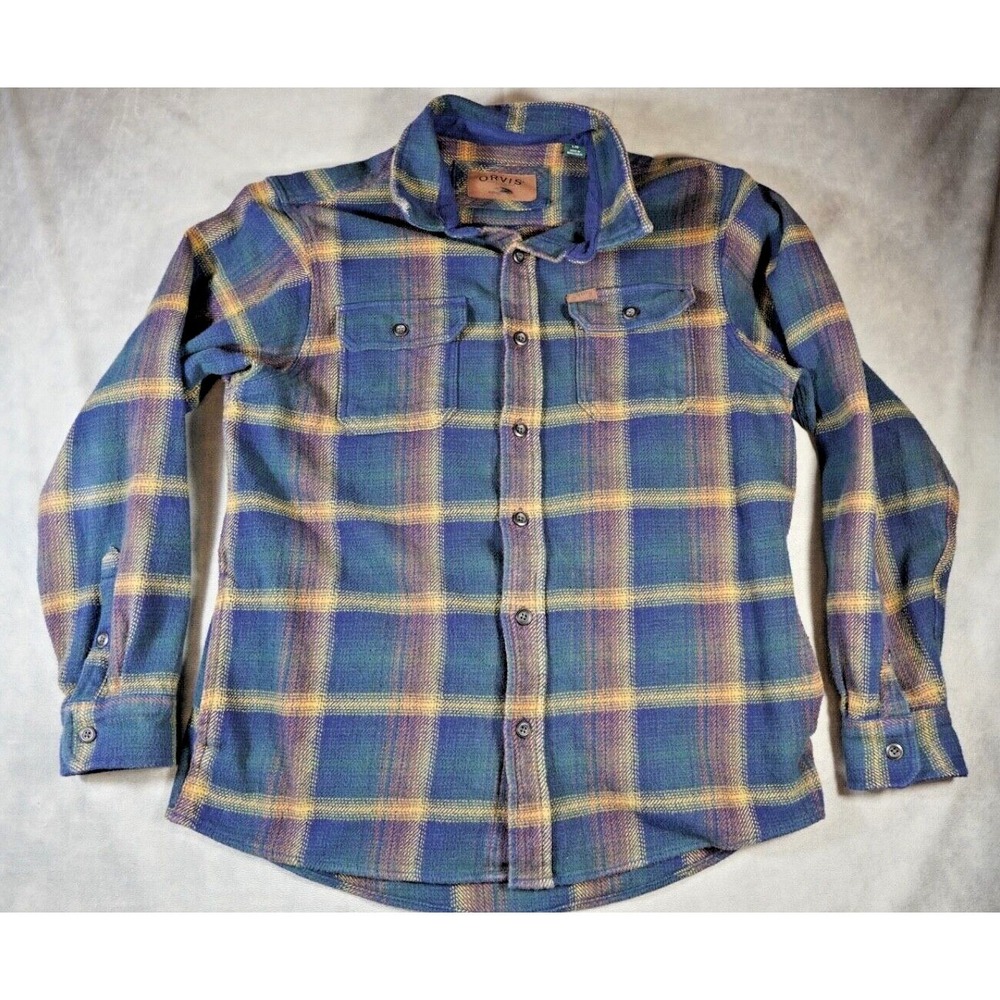 Orvis Shacket Shirt‎ Jacket Men's L Button Up Heavy Flannel Blue Plaid Pockets